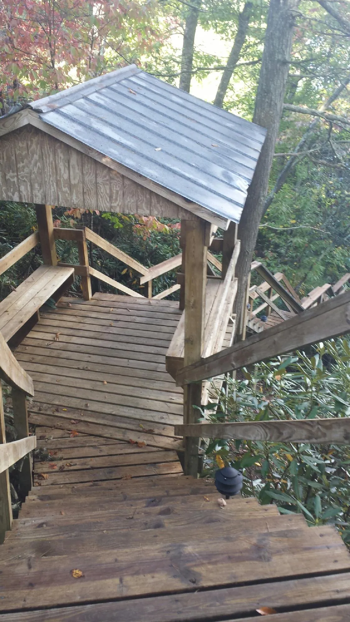 Metal roofed shelter over wooden steps on a wooded walkway — Skylight Repair & Installation work by our crew in Malabar